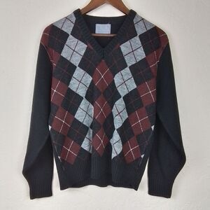 VTG LeTigre Mens Sweater Sz Small 1970s V Neck Argyle Pullover Knit Classic Fit‎